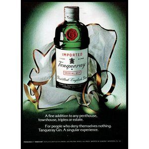 1974 Tanqueray Gin Vintage Print Ad Green Bottle White Gold Gift Bag Wall Art